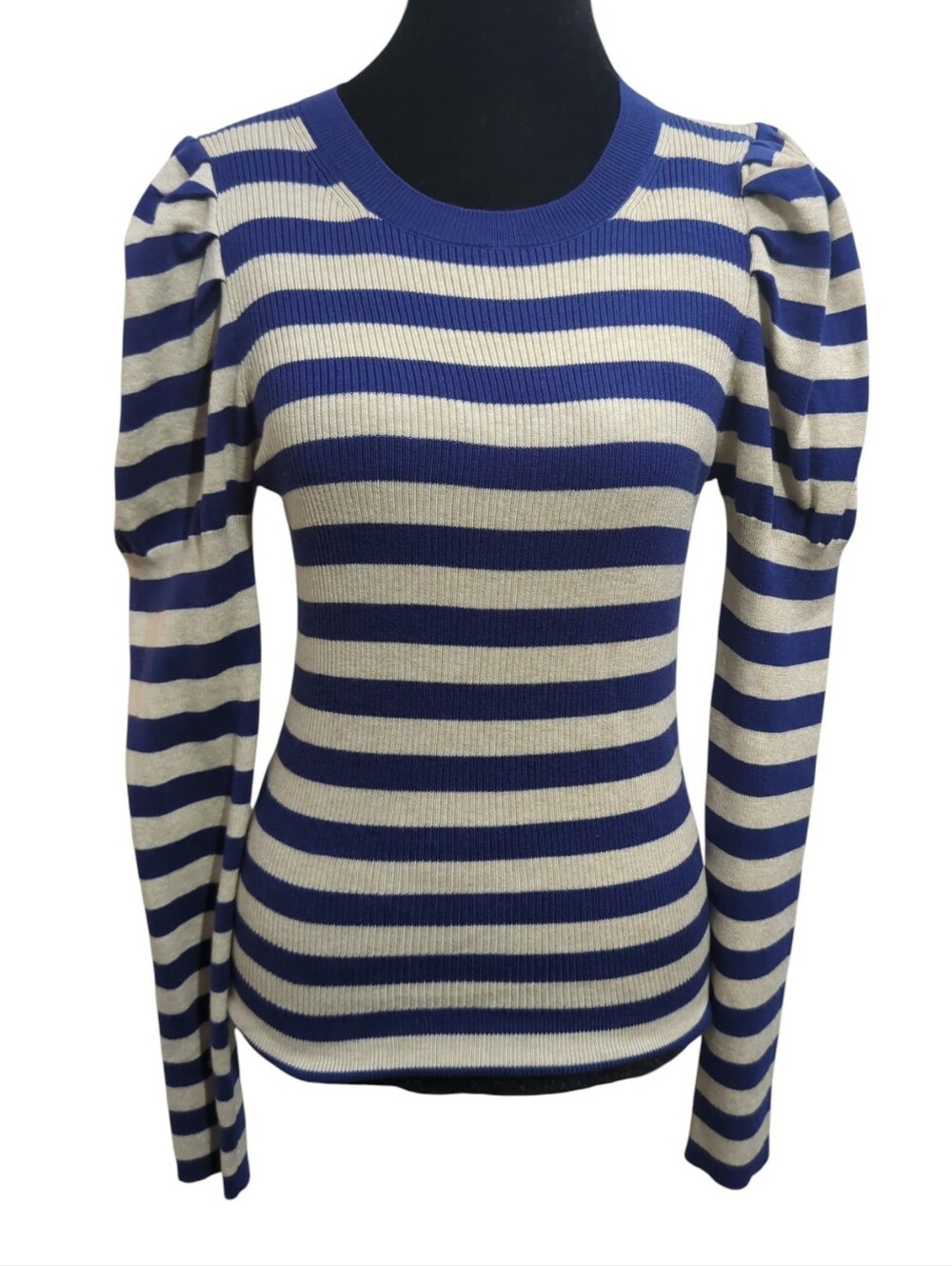 J. Crew S Navy Cream Striped Puff Taper Long Sleeve Knit Top Parisian Nautical